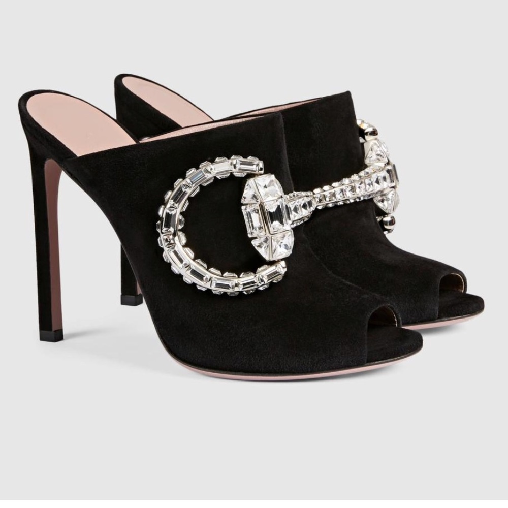 Gucci Maxime Crystal Horsebit Suede Sandals -Black